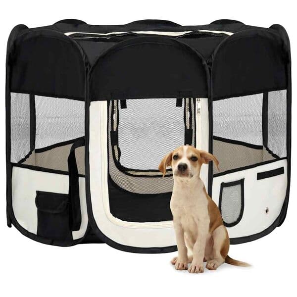 【03】vidaXL Foldbar hundeløbegård med taske Sort 90x90x58 cm Svart black