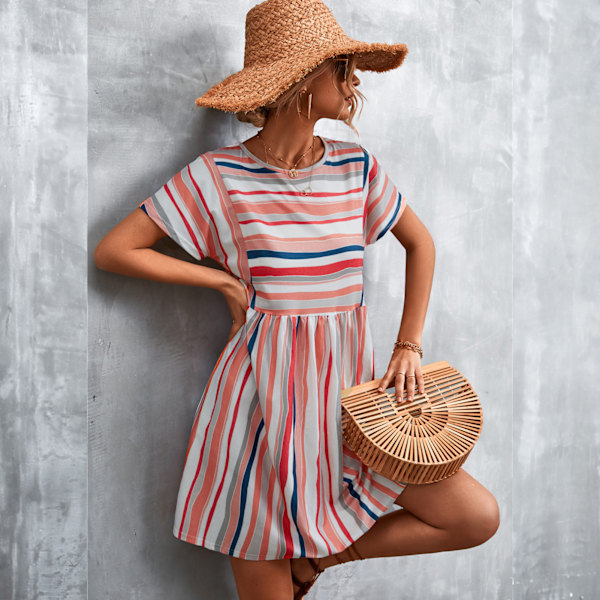 Dam Kortärmad Klänning Randig Tryckt Rund Hals Casual Stil Lös Klänning för Sommar Orange Rosa M