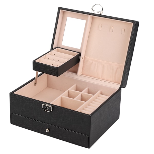 Smykkeskrin til husholdningsbrug Vandtæt PU-læder Smykkeetui Dobbeltlags Partition Stor kapacitet Ornament Organizer Sort