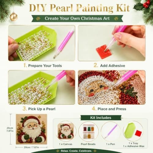 Jul Pärlkonst DIY Pärlmålningskit, 20x20 cm | Tomte- och Renmotiv, Vaxpenna Ingår, Steg-för-steg-guide, Ram redo för visning Festive Tree