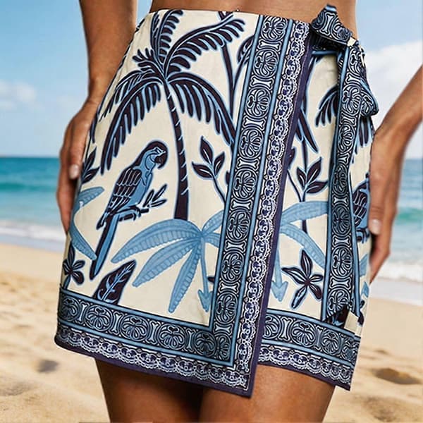 Kvinders Sommer Blomster Slå-om Kort Nederdel Med Bindebånd I Siden Høj Talje A-linje Strand Ferie Boho Mini Nederdel E S