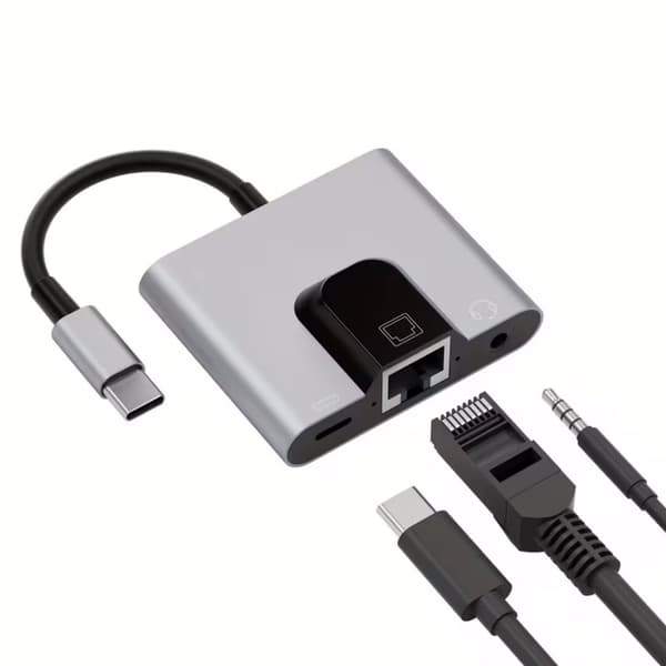 Typ-C till RJ45-adapter stöder 100 Mbps nätverkshastighet, laddning och 3,5 mm hörlurar för röstsamtal
