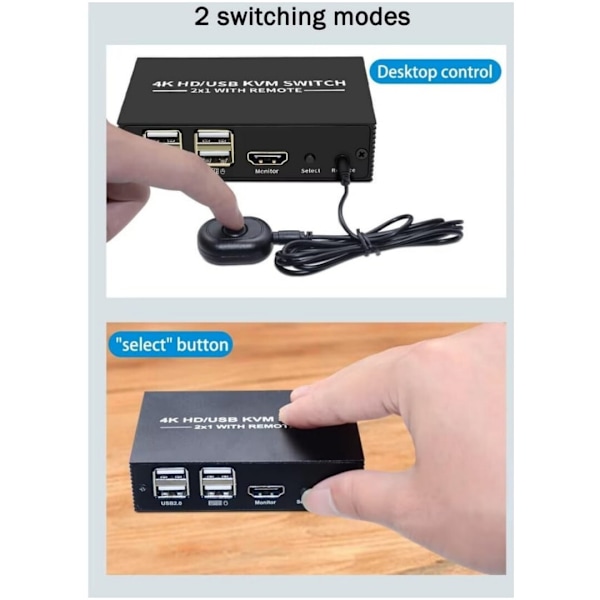 KVM Switch 2 til 1 HDMI 2.0 4K60Hz til PC, Xbox, PS5 og bærbar computer med 4xUSB-porte