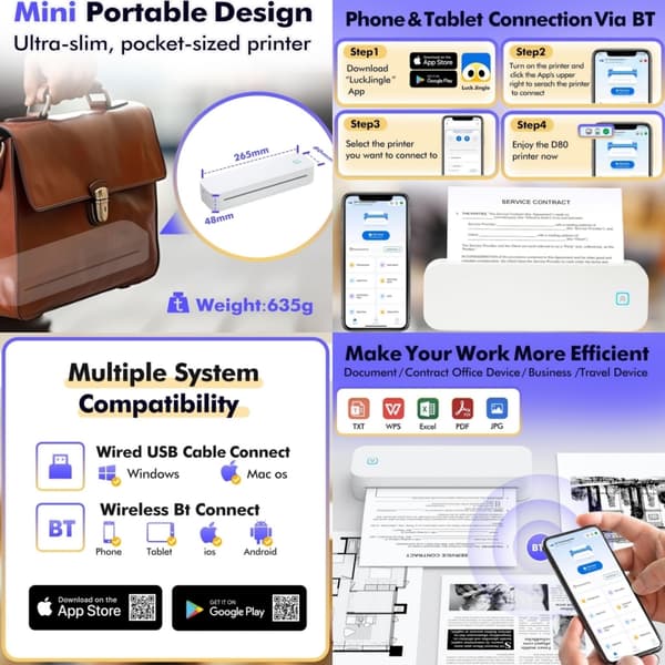 A4 Mini Bærbar Termoprinter - Bluetooth & USB-C, Blækfri Udskrivning, Kompatibel med Smartphones og Computere, D80, sort