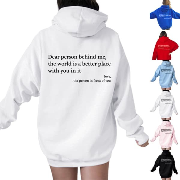 【03】Damehættetrøjer \"Dear Person Behind Me\" Hættetrøje Langærmet Pullover Toppe Lyseblå Light Blue L