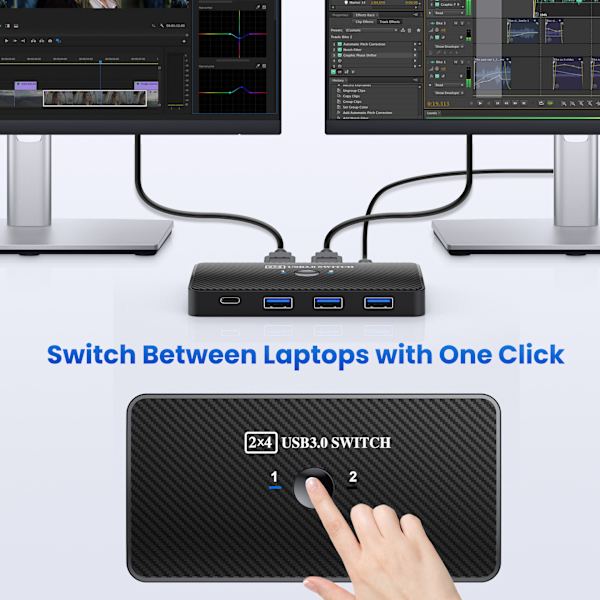 USB 3.0 KVM-switch | 2 computere deler 3*USB 3.0 og 1*USB C-periferiudstyr til pc-printer, scanner, mus, tastatur