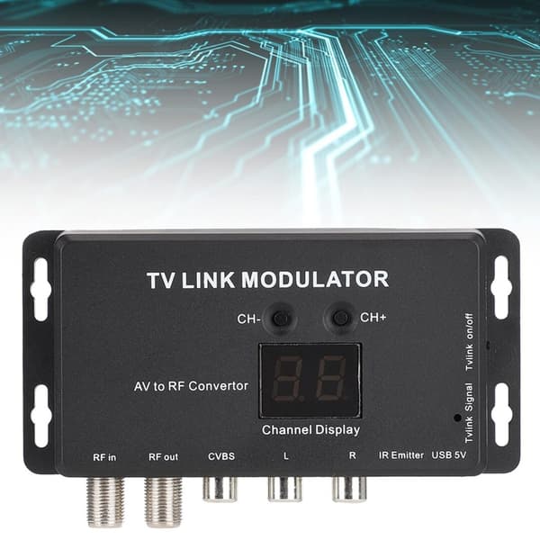 TV Link Modulator, AV til RF-konverter og IR-forlænger med kanaldisplay og USB 5V-interface, infrarød forlænger