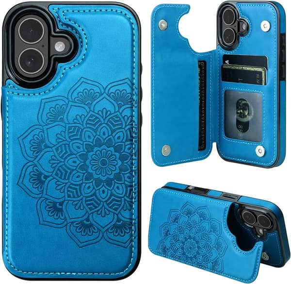 【03】til iPhone 17 Pro etui med kortholder, blomstermagnetknapper beskyttende pung etui til kvinder til iPhone 17 Pro, blå blå blue iPhone 17 Pro