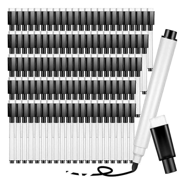【03】100 Stykker Whiteboardpenne Sorte Whiteboardpenne med Gummiprop Fin Spids Whiteboardpenne As Shown