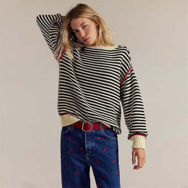 Dame Casual Langærmede Rundhalsede Trøjer Oversized Stribede Strikkede Vintertrøjer Løse Jumper Toppe Gaver Sort M Black M