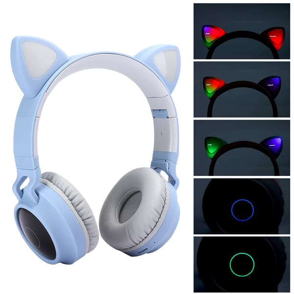 Kat Öron Bluetooth 5.0 Hörlurar LED Brusreducerande Unga Människor Barn Söta Hörlurar Stöd Minneskort Grå Blå