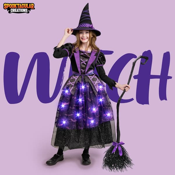 Halloween-noita-asu lapsille, valaistu noitamekko 130cm