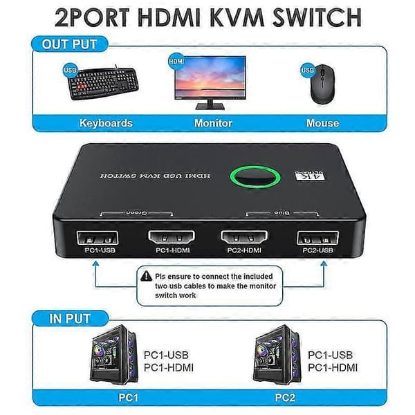 【03】KVM Switch 2-Port Box USB og HDMI-kompatibel Switch til 2 computere, der deler tastatur, mus, printer a [DB]
