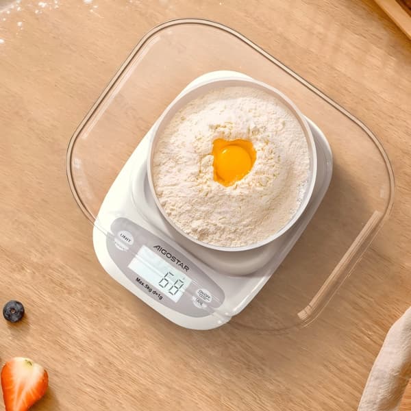 Aigostar 5 kg digital köksvåg, 1g precision, med skål, för matlagning och bakning.
