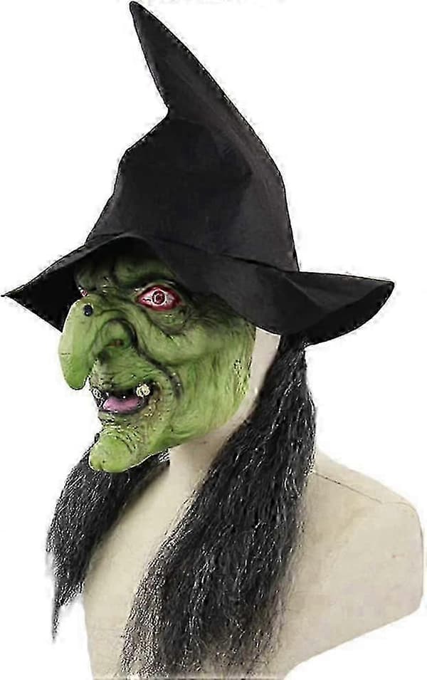 Latex heksemaske med hætte og paryk til Halloween gyser kostumefester