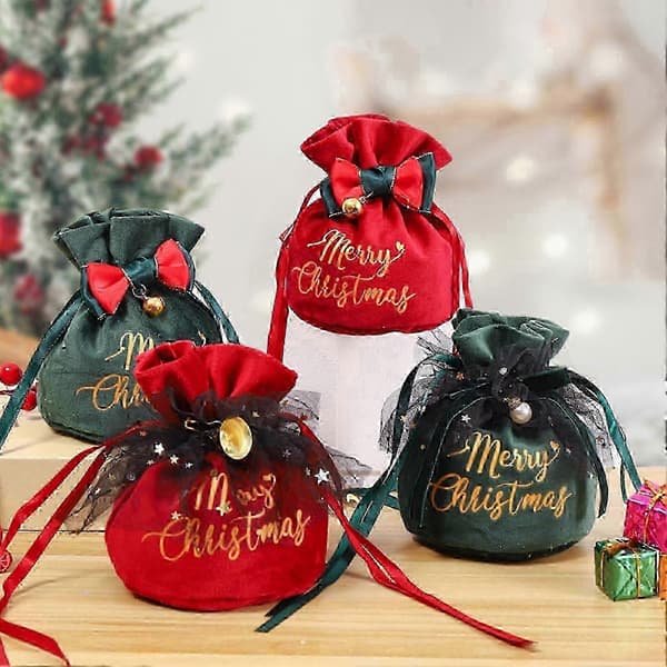 Julklappspåsar Sammet Godispåsar Dragsko Julklappsbehållare med Klocka Rosett Partyfavoriter för Snacks Godis -DF Jujube Red C