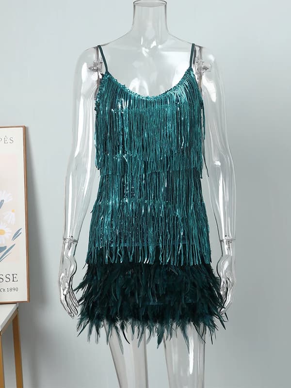 【03】Sequined Fringed Feather Dress with Spaghetti Straps dark green dark green S