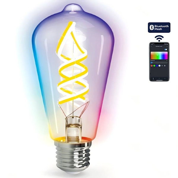 Aigostar ST64 E27 4.9W RGBW Smart Bluetooth Mesh-lampa, spiralfilament med gradientglas