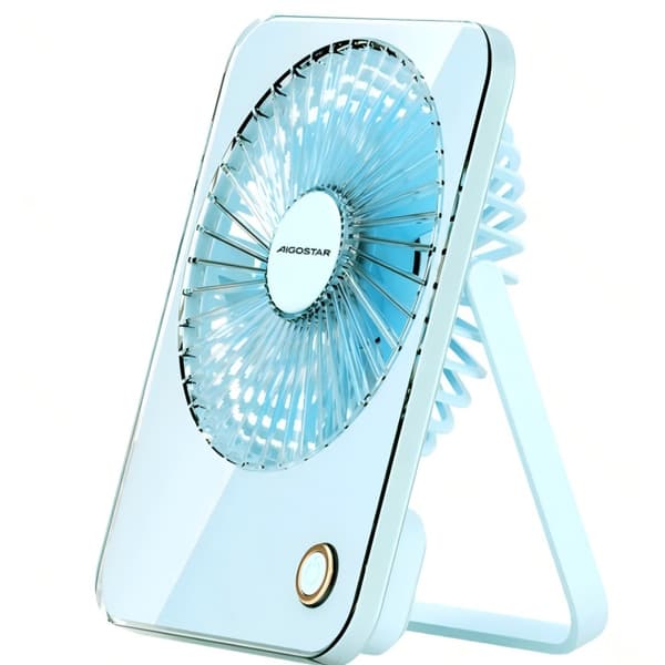 Aigostar Mini Bordventilator – Blå, 3-tommer, 5 Blade, 3 Hastigheder, 3600mAh – Stille til Kontor og Soveværelse