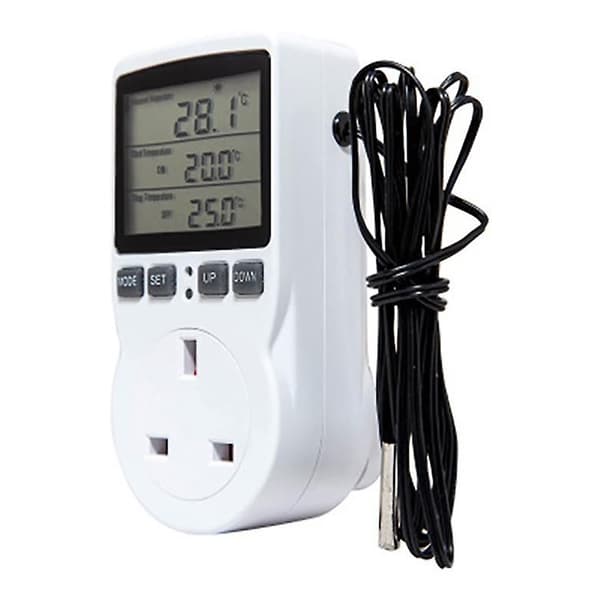 【03】Digital temperaturregulator Stikkontakt EU-stik Termostat med timer Sensorsonde Varme Køling [DB] UK