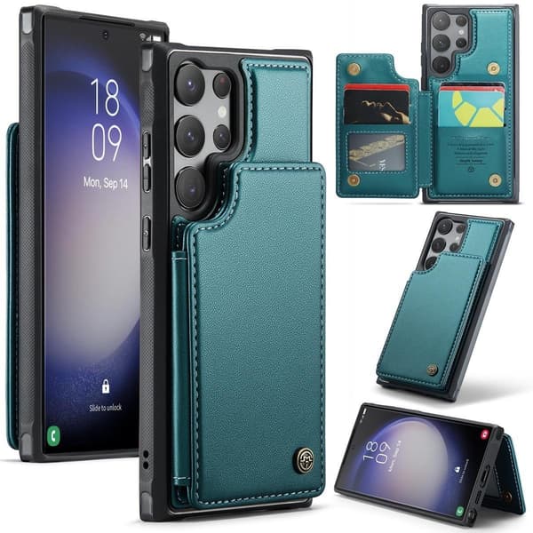 【03】(For Samsung Galaxy S23) Slim PU Leather Wallet Case with Kickstand and 5 Card Slots RFID Blocking Dual Magnetic Clasp havblå