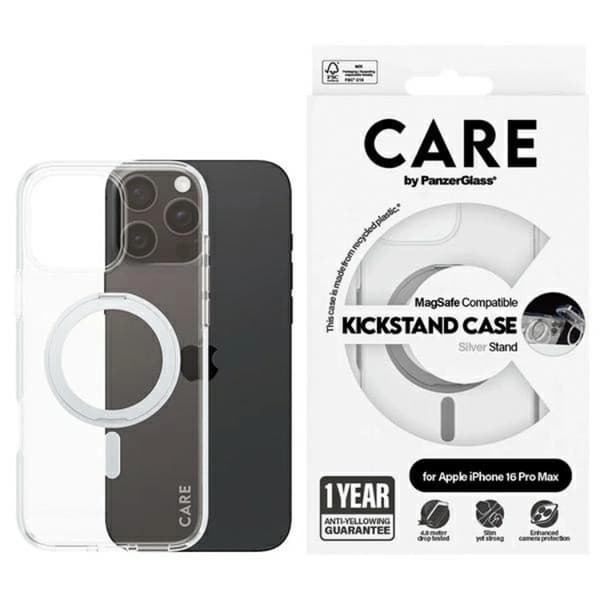 【03】CARE By PanzerGlass Mobilskal för iPhone 16 Pro Max MagSafe Kickstand - Silv Transparent Termoplastisk polyuretan (TPU)