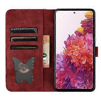 【03】Compatible with Samsung Galaxy S21 FE 5G Embossed Butterfly Cat Wallet Case with Card Slots Kickstand Case Red