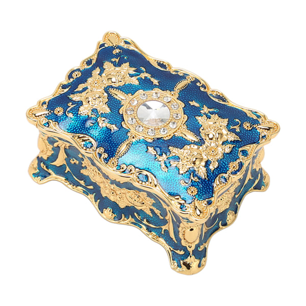 Royalblå Smykkeskrin Rhinestone Ring Retro Blomst Graverede Øreringe Halskæde Opbevaringsboks