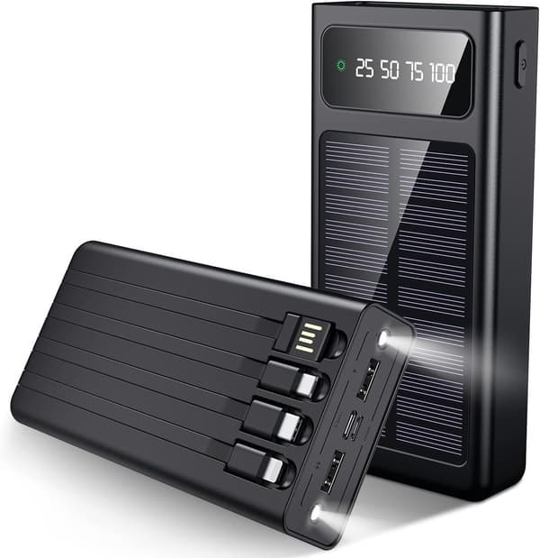 【03】Kraftfuld Solar Powerbank med Indbyggede Kabler, 20000mAh - SortCJY Sort Svart black