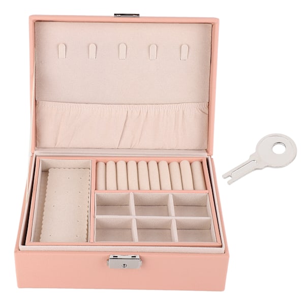 Smykkeskrin Organizer 2 Lag Smykkeopbevaringsæske PU Læder Bærbare Ringe Øreringe Smykke Display Holder Pink
