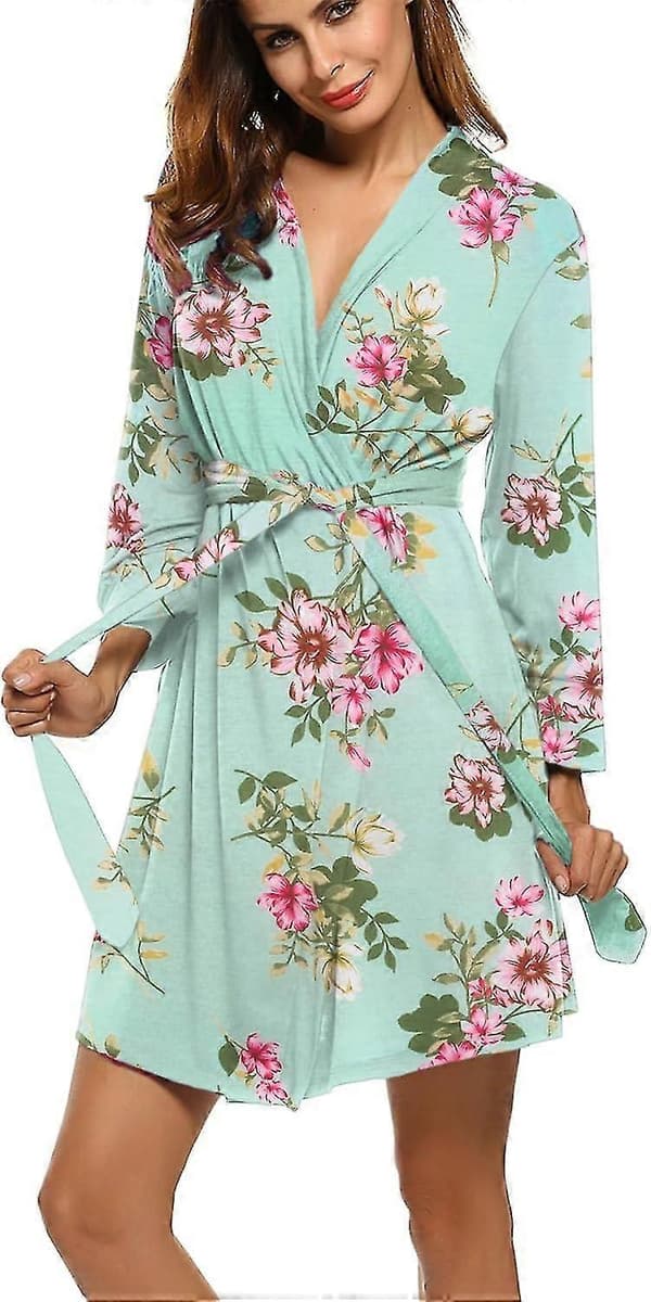 Dammorgon Lätt kimono Morgonrockar Kort stickad badrock Mjuka sovkläder Dammorgonkläder Mint Floral