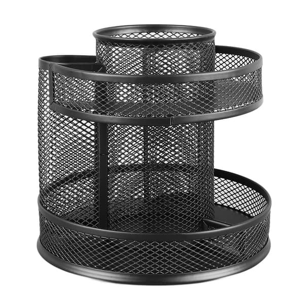 【03】Rotating Pen Holder Black Mesh 7 Compartments Strong Metal Rotating Desk Organizer for Home Office Dorm