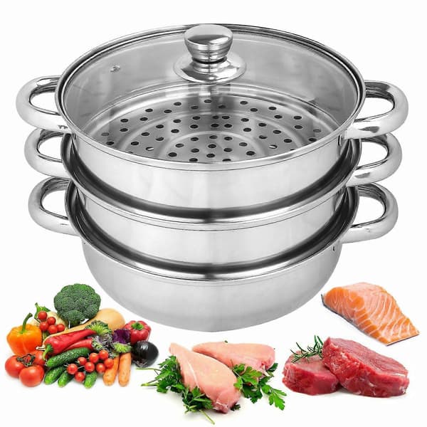 【03】3-lags dampkoger i rustfrit stål, 25 cm gryde med glaslåg