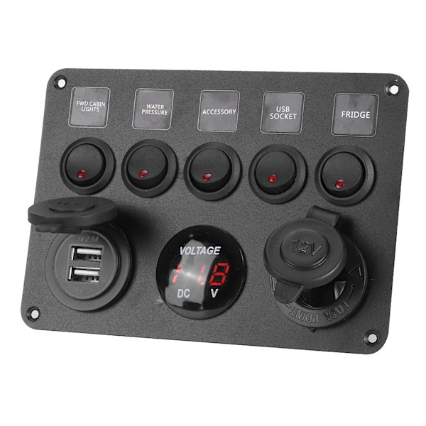 5-vejs LED vippekontaktpanel med digital voltmeter, universal til autocamper, bil, motorbåd, rød