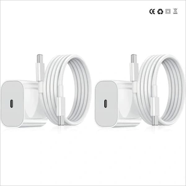 【03】Oplader - 20W USB-C Hurtigoplader - Adapter + 2-meter Datakabel (Hvid, 2-pak) 2-pak 2-Pack USB-C