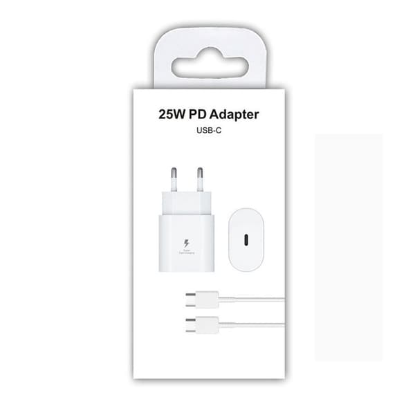 Hurtigoplader 25W til Samsung USB-C med 1 meter datakabel + opladerhoved hvid 25W