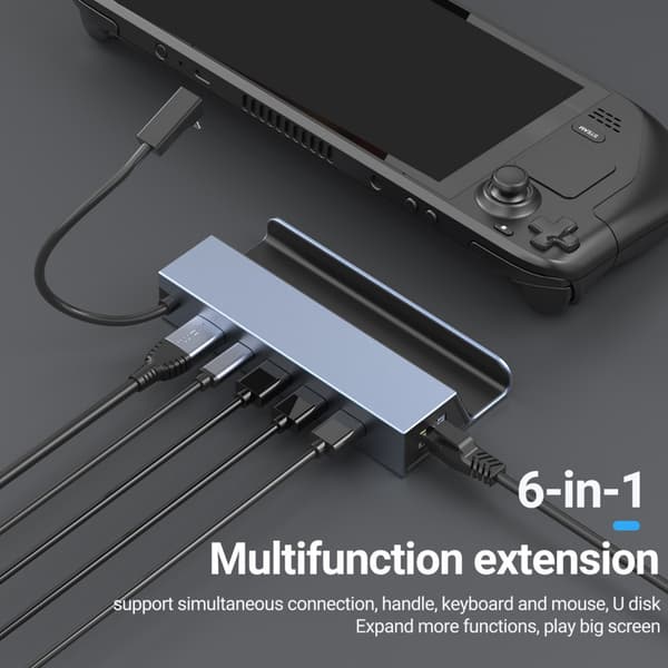USB-C 1 til 6 Dockingstation til Steam Deck, HDMI 2.0 4k60Hz, RJ45, USB-A 3.0 5 Gbps, 100W USB-C PD