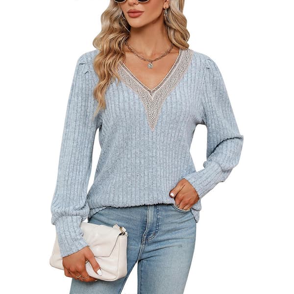 Blusar för dammode, Casual långärmade ribbade skjortor, Tunna pullovertoppar Enfärgade toppar ljusblå XXL light blue XXL