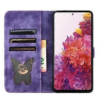 【03】Compatible with Samsung Galaxy S21 FE 5G Embossed Butterfly Cat Wallet Case with Card Slots Kickstand Case Purple
