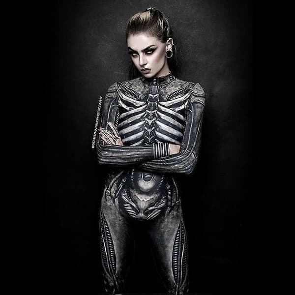 Halloweenkostume med skeletmønster til kvinder, slank jumpsuit XL