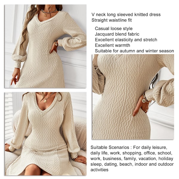 V-hals strikket langærmet kjole, moderigtig, elegant, klassisk, talje slank pasform dame sweater kjole til efterår vinter abrikos L