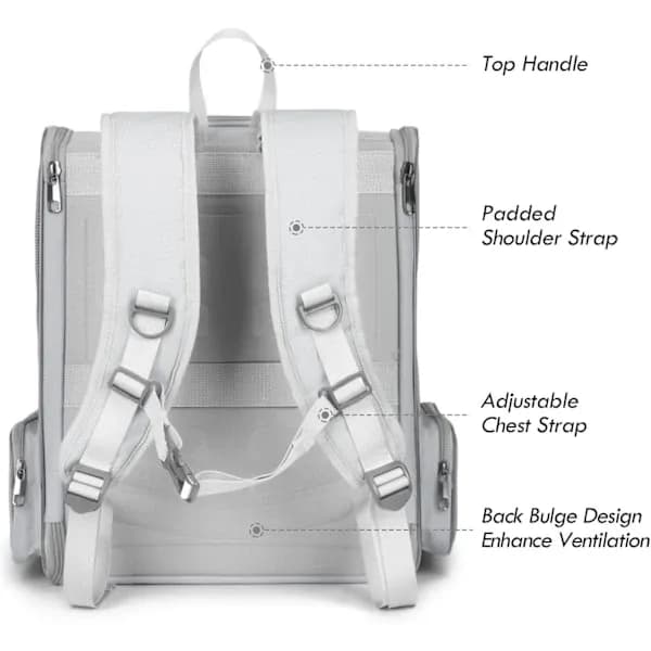 【03】Cat Backpack, Large Pet Backpack with Feather Cat Toy Compatible with Medium Small Dog, Cat, Puppy, Kitten, Rabbit up to 7 kg (Grey)