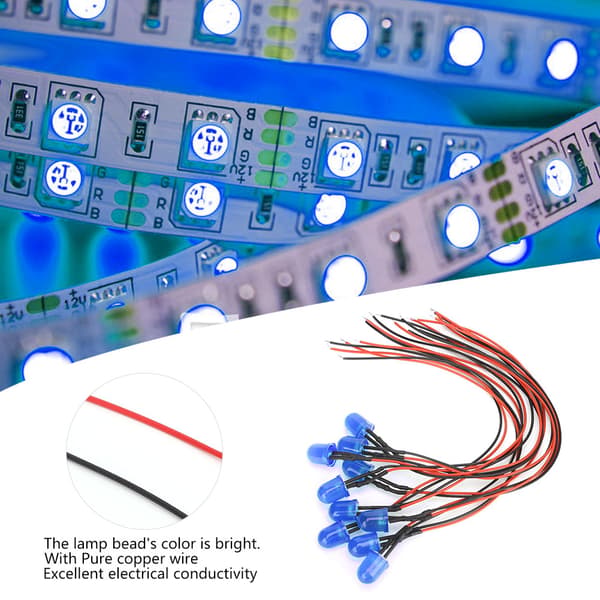 Blå 10mm LED Lamp Beads - 50st, 12V, 0.06W, med 20CM 26AWG Ledningar
