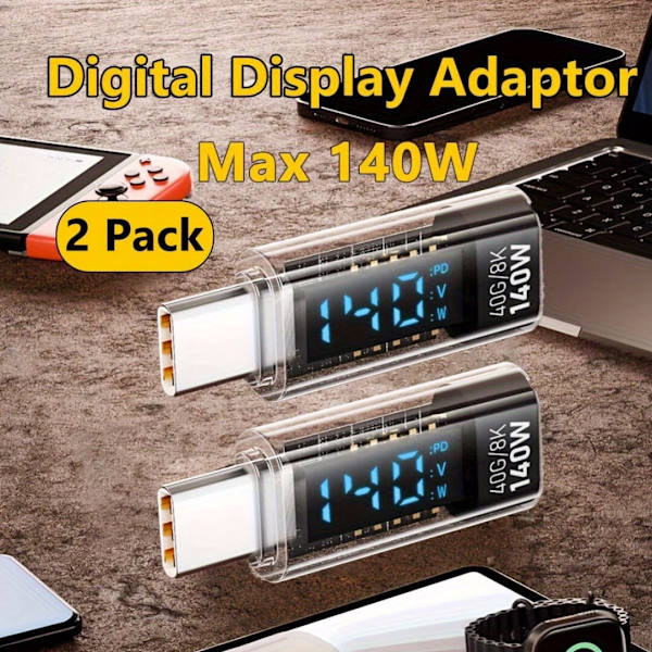 2 sovittimen sarja, maksimiteho 140 W, USB-C–USB-C-liitäntä ja digitaalinen näyttö