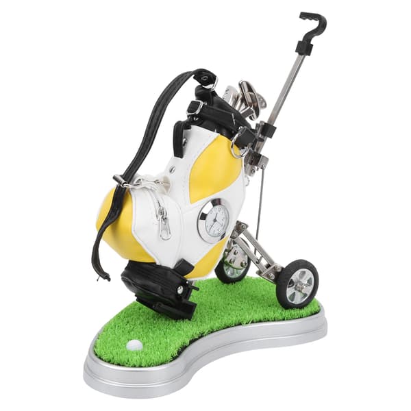 Mini Skrivbords Golfbag Pennställ i Zinklegering med Gräsmatta Bas Klocka Golfpennor Souvenirgåva