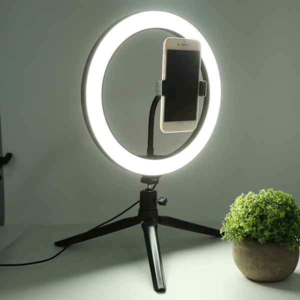 26 cm/10 tommer Ring Light LED Live Lampe Fyldlys Dæmpbar USB-port 2800K‑7000K med Bordstativ Telefonclipsæt