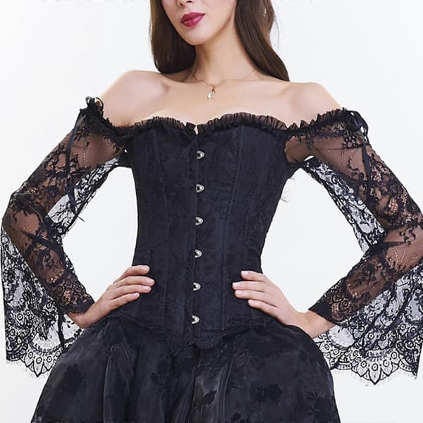 Långärmad spetsmidjebandage för formell klänning viktoriansk korsett toppar fransk stil överbyst bustier för temaevenemang grå M Gray M