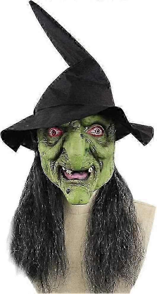Latex heksemaske med hætte og paryk til Halloween gyser kostumefester
