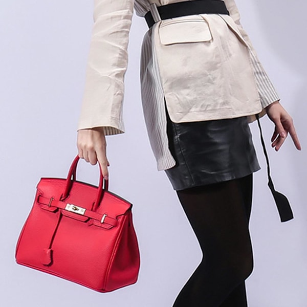 Snygg Röd Ko-Läder Handväska 35cm Lychee Textur Elegant Design Lychee pattern platinum bag red 35cm