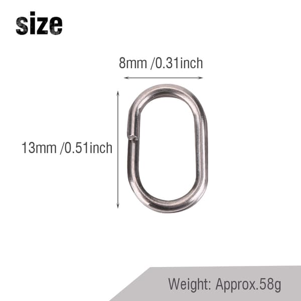100 stk. ovale splitringe i rustfrit stål, drejelig snap, fiskegrej-stik (8x13 mm)